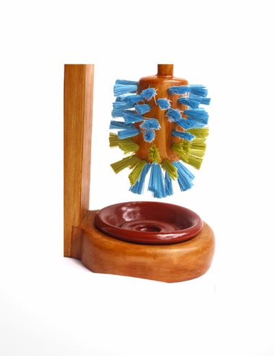 Wooden toilet brush with a stand, including a clay bowl