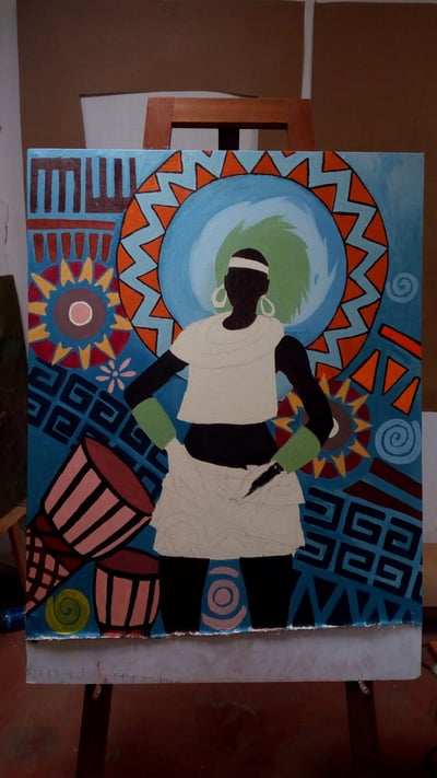 Auftragskunstwerk: Gemälde mit Afrikanischen Motiven waehrend der Massanfertigung