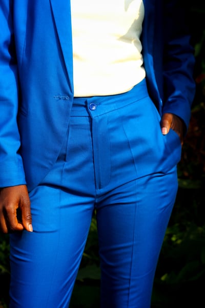 Custom made azure blue tailored pantsuit