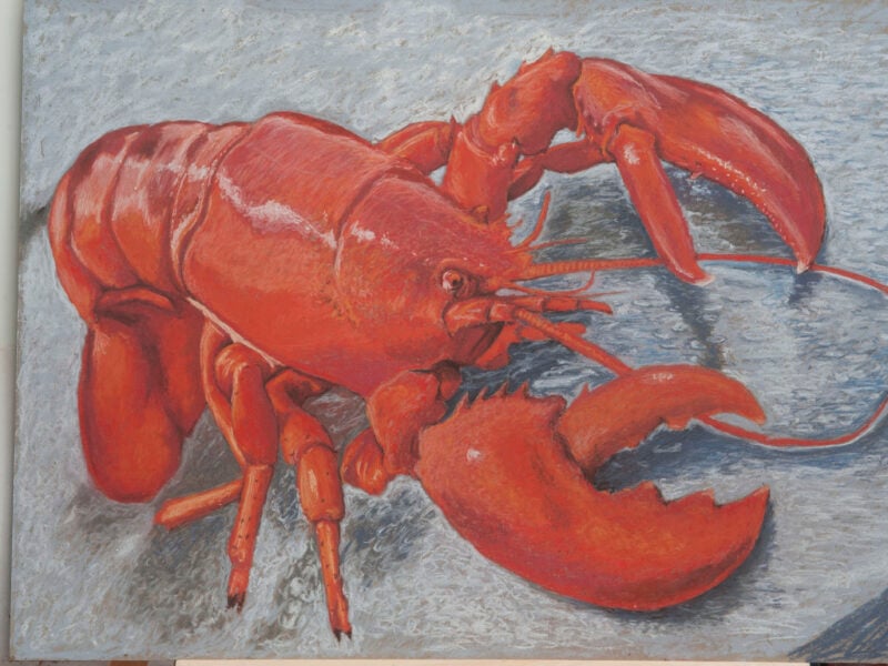 Soft pastel on straw board – Title: Lobster