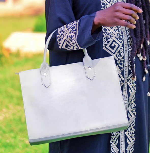 custom made white leather handbag