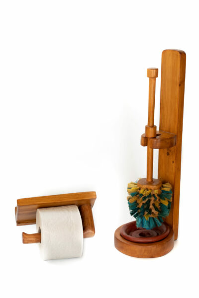 Wooden toilet brush with a stand, including a clay bowl
