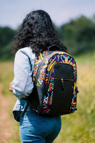 custom made fabric backpack with an extra compartment
