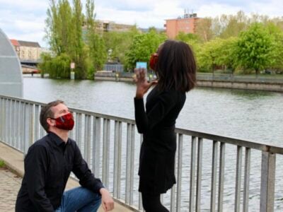 Marriage proposal with face mask
