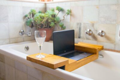custom made bathtub board for a notbook and a wine glass