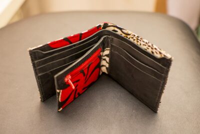 Custom-made leather wallet with a colourful African pattern